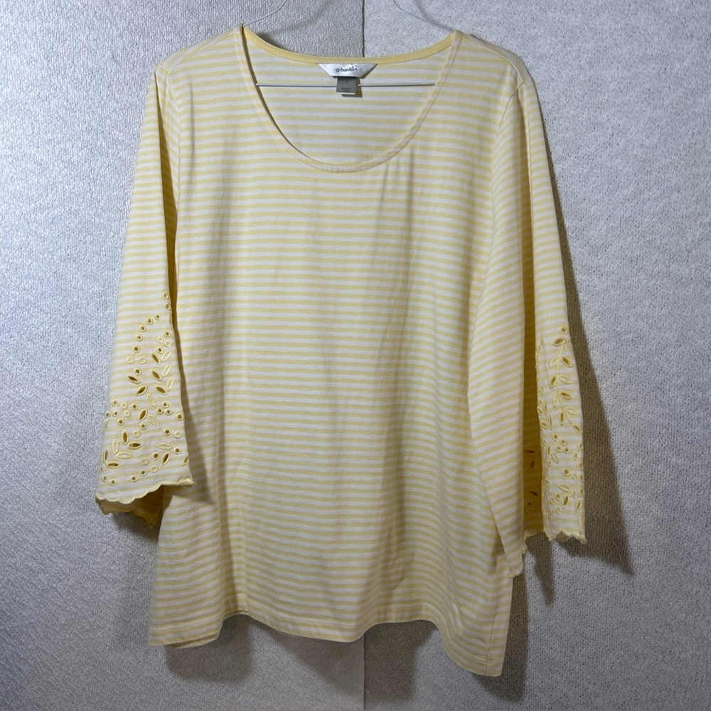 Christopher & Banks Womens X Yellow White Striped Embroidered Sleeves Nautical